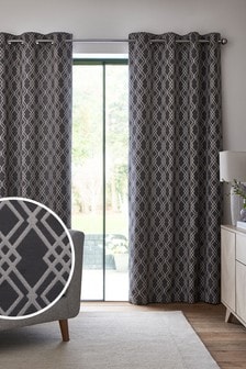 Grey Trellis Geometric Jacquard Eyelet Curtains