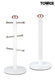 Tower Set of 2 White White And Rose Gold Mug Tree And Towel Holder
