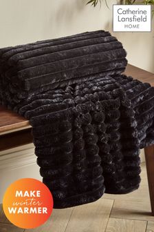 Catherine Lansfield Black Soft and Cosy Ribbed Faux Fur Throw
