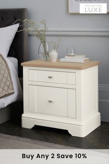 Chalk White Hampton Country Luxe Painted Oak 2 Drawer Wide Bedside Table (651106) | £375
