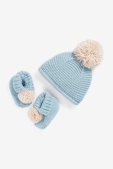 Chunky Knit Pom Baby Hat And Bootie Set (0-12mths)