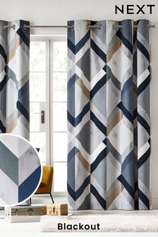 Navy Blue Overscale Marble Effect Geometric Blackout Eyelet Curtains