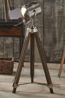 Pacific Grey Hereford Wood And Silver Metal Film Tripod Floor Lamp
