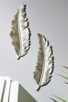 Set of 2 Silver Silver Feather Wall Plaques