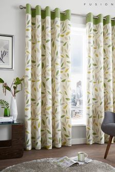Fusion Green Beechwood Leaves Eyelet Lined Curtains