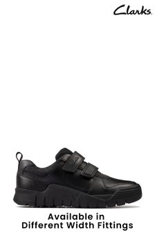 Clarks Black Leather Scooter Speed Extra Wide Fit Kids Shoes (754611) | £49