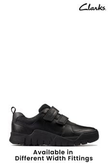 Clarks Black Leather Scooter Speed Extra Wide Fit Kids Shoes