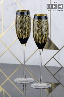 Midnight Peacock Set of 2 Black Champagne Flutes By The DRH Collection