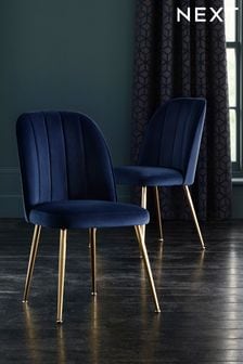 Set of 2 Opulent Velvet Dark Navy Blue Gold Leg Stella Non Arm Dining Chairs (780240) | £250