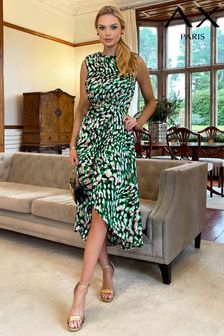 AX Paris Green Printed Gathered Waist Midi Dress With Padded Shoulders (781406) | £50