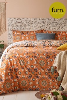 furn. Orange Ochre Yellow Folk Flora Floral Reversible Duvet Cover and Pillowcase Set