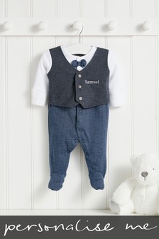 Personalised Baby Navy Blue Suit And Tie Sleepsuit