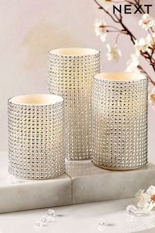 Set of 3 Silver Gem Pillar LED Candles