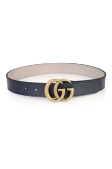 GUCCI Kids Navy Leather Belt With Gold GG Buckle