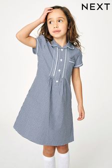 Navy Cotton Rich Button Front Lace Gingham School Dress (3-14yrs) (819799) | £9.50 - £13.50