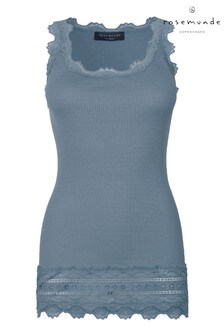 Rosemunde Long Silk Top With Vintage Lace Edge In Blue Mirage