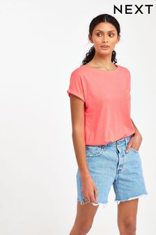 Fluro Coral Pink 100% Cotton Round Neck Cap Sleeve T-Shirt (826407) | £7.50