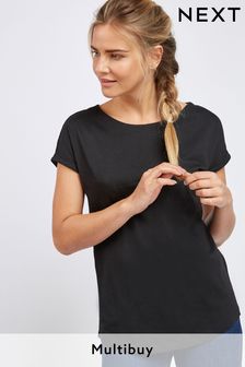 Black 100% Cotton Round Neck Cap Sleeve T-Shirt (828891) | £7.50