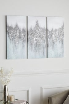 Set of 3 Silver Blue & Silver Abstract Canvases