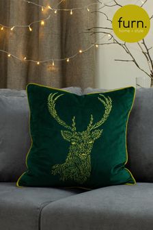 furn. Emerald Green/Gold Forest Fauna Embroidered Polyester Filled Cushion