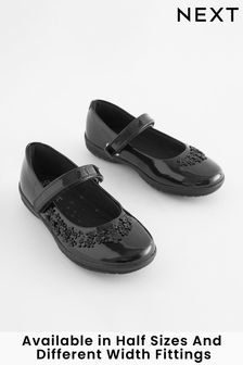 Black Patent Narrow Fit (E) School Flower Mary Jane Shoes (849010) | £24 - £30