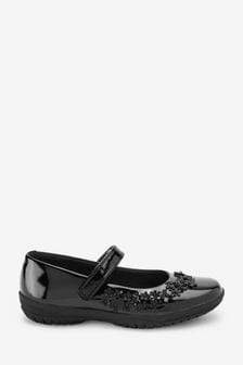 Black Patent Wide Fit (G) School Flower Mary Jane Shoes (850245) | £24 - £30
