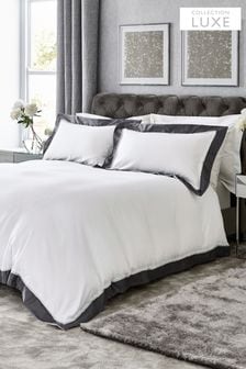 White/Natural Contrast Oxford 300 Thread Count 100% Cotton Sateen Border Duvet Cover And Pillowcase Set