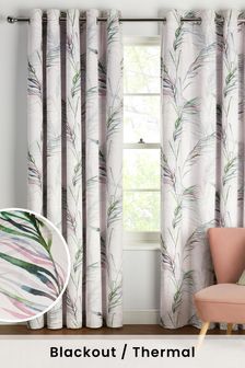 White Feather Leaf Print Blackout/Thermal Eyelet Curtains