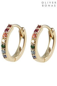 Oliver Bonas Rainbow Stone Inlay Gold Plated Brass Huggie Earrings