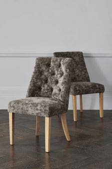 Set of 2 Distressed Velour French Grey Wolton Button Natural Leg Dining Chairs