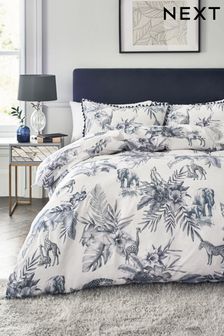 Navy Blue Floral Palm Leaf Safari Animal Duvet Cover and Pillowcase Set (898462) | £18 - £33
