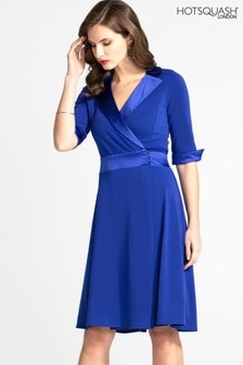 HotSquash Blue Fit And Flare Wrap Dress With Silky Trim