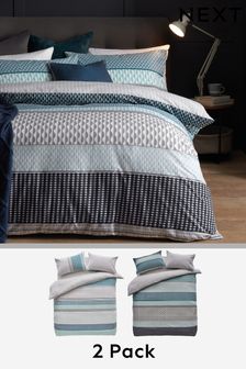 2 Pack Teal Blue Reversible Mini Geo Stripe Duvet Cover And Pillowcase Set (922057) | £34 - £64