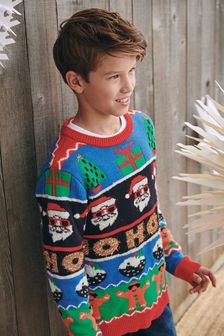 Boys Next Red Christmas Ho Ho Ho Fair Isle Pattern Jumper (3-16yrs) - Red