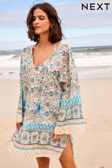 White/Blue Woodblock Long Sleeve Beach Kaftan Dress (932766) | £32