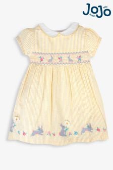 JoJo Maman Bébé Yellow Bunny Appliqué Smocked Dress (938996) | £29