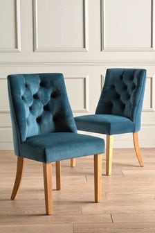 Set of 2 Opulent Velvet Airforce Blue Wolton Button Natural Leg Dining Chairs