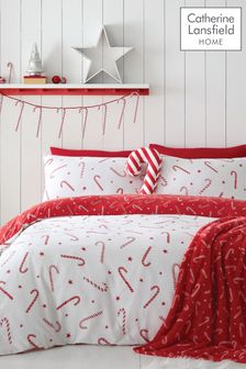 Catherine Lansfield White Christmas Candy Cane Reversible Duvet Cover Set