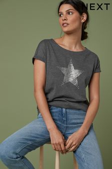 Embellished Star Charcoal Grey Curved Hem T-Shirt (955639) | £18