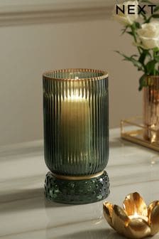 Green Ribbed Glass Hurricane Candle Holder