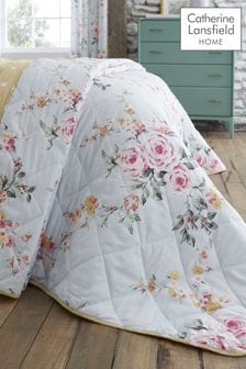 Catherine Lansfield Duck Egg Blue Reversible Canterbury Floral Quilted Bedspread (982080) | £45