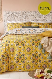 furn. Yellow Ochre Yellow Folk Flora Floral Reversible Duvet Cover and Pillowcase Set