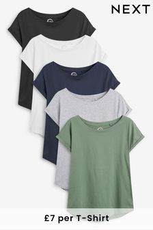 Grey/White/Black/Navy Blue/Khaki Green Cap Sleeve T-Shirts Five Pack (988559) | £35