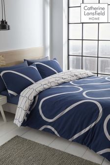 Catherine Lansfield Navy Linear Curve Geometric Reversible Duvet Cover and Pillowcase Set