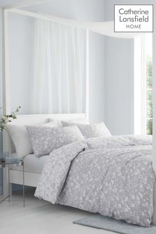 Catherine Lansfield Grey Floral Birds 100% Cotton Reversible Duvet Cover and Pillowcase Set