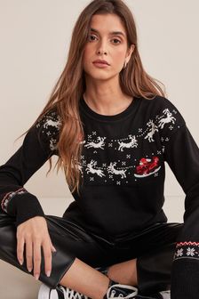 Black Sequin Reindeer Christmas Jumper (A05255) | £32