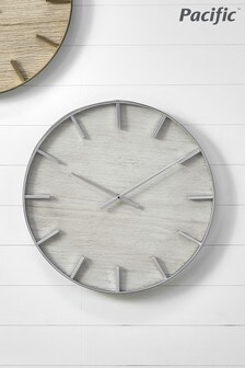Pacific Silver Metal & White Wash Wood Round Wall Clock