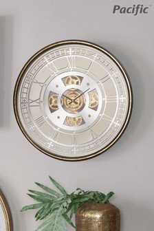 Pacific Gold Antique Gold Metal & Mirror Round Cog Wall Clock