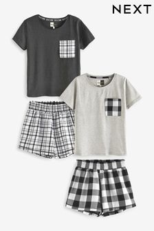 Grey/White Check Cotton Short Set Pyjamas (A08162) | £39