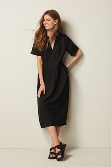 Black Linen Mix Midi Kaftan Summer Dress (A09489) | £32